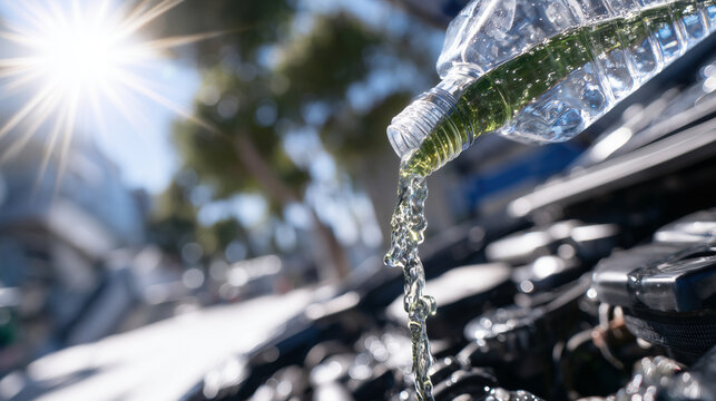 Close-up of bright green antifreeze streaming smoothly from a translucent bottle into a carâs coolant reservoir, morning sun glinting off the engine components, crisp winter air vi
