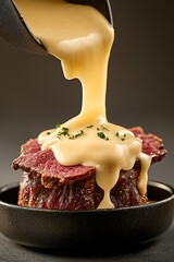 Cheese Sauce Being Poured Onto Medium Rare Roast Beef in Small Black Bowl