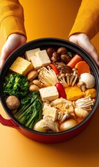 Hands Holding a Red Pot Filled With Fresh Vegetables and Tofu on Yellow Background
