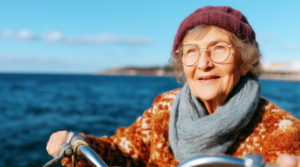 Senior woman wearing glasses, a beanie, and a scarf, holding bicycle handlebars, feeling happy by the ocean