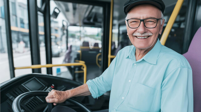 Experienced senior bus driver smiling, confidently working in public transportation, commuting passengers in urban city environment - Powered by Adobe
