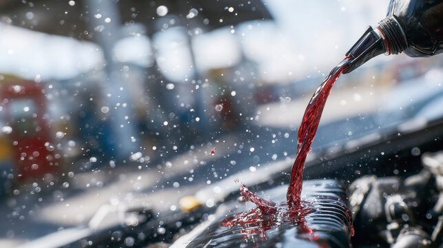 Close-up of red antifreeze being added to a modern car engine, the fluid glowing under bright sun, surrounding components dry but icy-touch reflective, conveying reliability and se