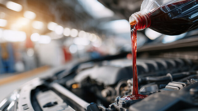 Close-up of red antifreeze being added to a modern car engine, the fluid glowing under bright sun, surrounding components dry but icy-touch reflective, conveying reliability and se