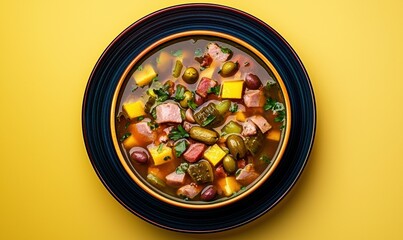 Solyanka Soup in a Dark Blue Bowl Sitting on a Yellow Background From Above