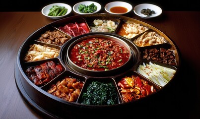 Chinese Hot Pot on a Round Tray With Various Meats and Vegetables for Cooking