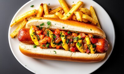 Hot Dog Topped With Mustard, Relish and Fries on a White Plate Shows a Summertime Meal