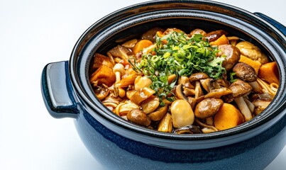 Close up of Mushroom Hot Pot With Carrots and Noodles Served in a Deep Blue Ceramic Pot