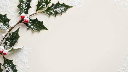 Festive Holly Berries and Leaves on Snowy Background - Christmas Holiday Decor Image