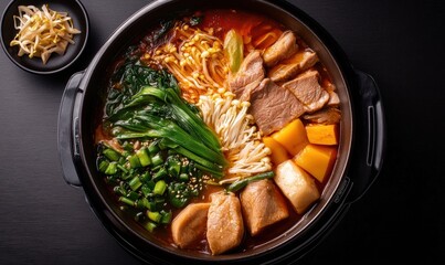 Preparing Japanese Nabe Hot Pot With Meat, Vegetables, and Broth on a Dark Background