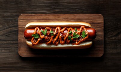 Close up of a Delicious Chili Hot Dog With Parsley on a Wooden Board Sitting on a Dark Wooden Table
