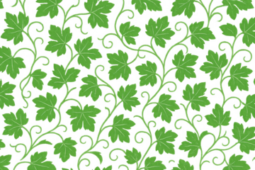 Green leaves and winding vines creating a seamless natural pattern with transparent background