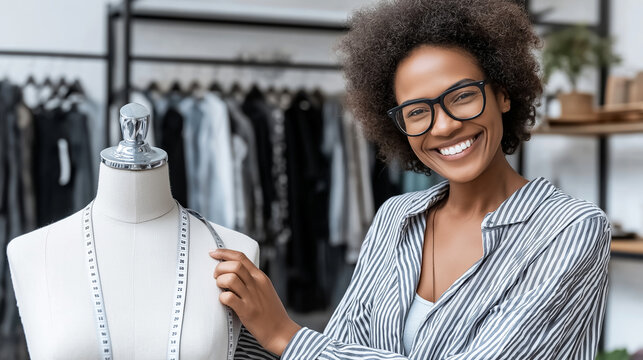 Young Black woman smiling, adjusting a measuring tape on a mannequin in a fashion studio, embodying passion for design and business
