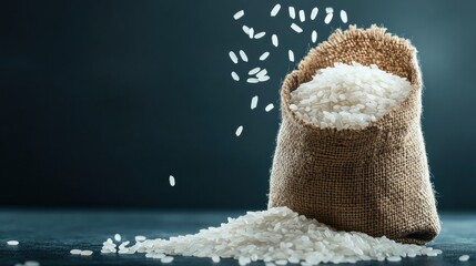 Rice Grains Falling From Burlap Sack With White Rice Pile on Dark Surface, Representing Harvest and Staple Food