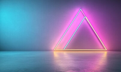 Illuminated Triangle Neon Sign Casting Reflections on Shiny Surface in Colorful Studio