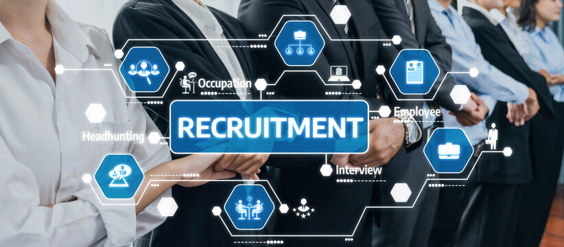 This image illustrates a professional recruitment process, showcasing diverse candidates and digital elements that signify job search and career advancement opportunities. Amity