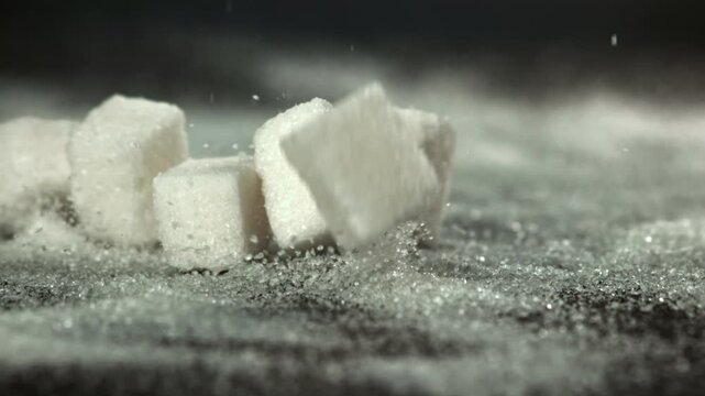 Sugar cubes fall on the table. Filmed on a high-speed camera at 1000 fps. High quality FullHD footage