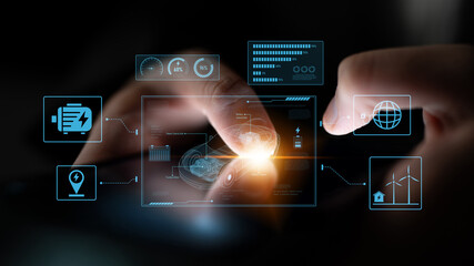 Obraz na płótnie Canvas Technical layout of electric vehicle showing battery system, power control, traction motor, charging interface, and integration with renewable and smart energy sources Latch