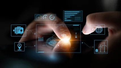 Selbstklebende Fototapeten Sportgeschäft Technical layout of electric vehicle showing battery system, power control, traction motor, charging interface, and integration with renewable and smart energy sources Latch  © InfiniteFlow