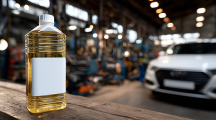Motor oil bottle standing on garage counter, engine in background, industrial workshop feel, blank space for label