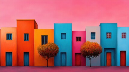 Colorful Townhouses Stand Side-By-Side Under Bright Pink Sky With Vibrant Trees in Street Scene