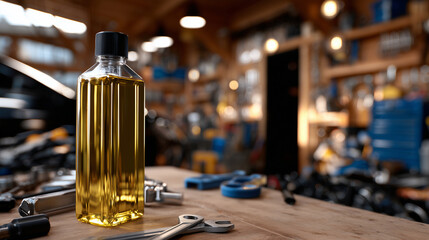 Motor oil bottle mockup on table with repair tools arranged around, warm indoor light highlighting reflective surface