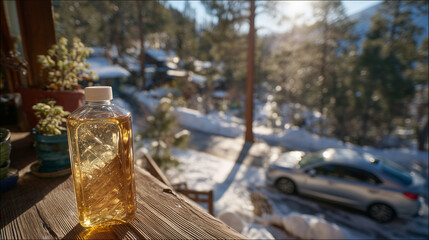 Antifreeze bottle outdoors on table with sunlight reflecting off bottle, blurred trees and car in background, winter morning vibe