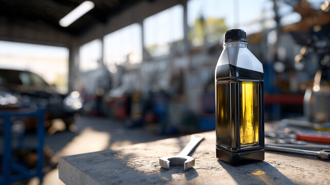Motor oil bottle on concrete repair shop table, soft shadows from overhead lights, tools subtly out of focus