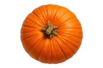 Fresh orange pumpkin with stem, top view, isolated, representing autumn harvest, halloween, and fall tradition