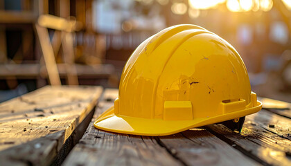 Yellow hard hat on wooden surface, construction site on backdrop. Protective helmet. Building industry