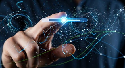 Fingertip interacts with glowing futuristic interface, visualizing data flow and progress