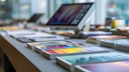Graphic design studio with color swatches and digital monitor for creative projects,Book Publishers Day
