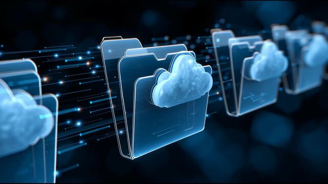 Digital Repository: Symbolic visual that shows digital storage of data and information in cloud. The composition conveys efficiency and connectivity.