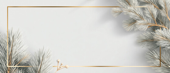 Clean minimal corporate holiday banner with subtle fir branches and elegant gold accents. Modern professional layout with wide negative space for business messaging.