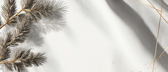 Clean minimal corporate holiday banner with subtle fir branches and elegant gold accents. Modern professional layout with wide negative space for business messaging.