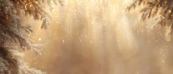 Clean minimal corporate holiday banner with subtle fir branches and elegant gold accents. Modern professional layout with wide negative space for business messaging.