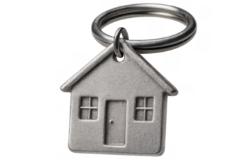 House shape keychain symbolizing real estate, home buying, moving, and mortgage concepts on a transparent background