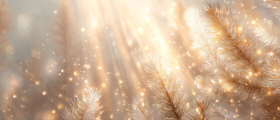 Clean minimal corporate holiday banner with subtle fir branches and elegant gold accents. Modern professional layout with wide negative space for business messaging.