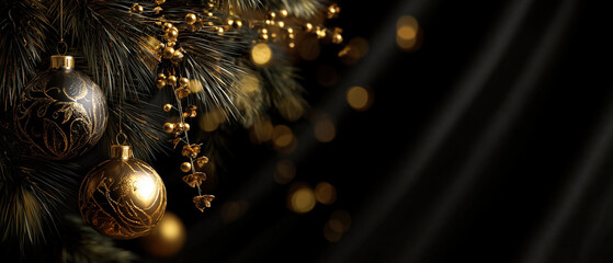 Clean minimal corporate holiday banner with subtle fir branches and elegant gold accents. Modern professional layout with wide negative space for business messaging.