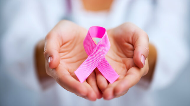 Doctor's hands gently holding pink ribbon symbolizing breast cancer awareness, charity, and women's health support - Powered by Adobe