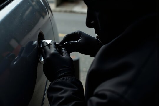 Close-Up of Burglar Gloved Hand Using Lockpicker Tool to Break Into Car