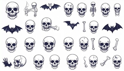 Collection Of Spooky Skulls Bats And Bones Isolated On White Background With Textured Effect