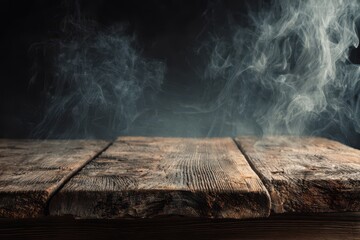 Serene Wood Smoke Atmosphere: Dark Wooden Table with a Touch of Elegance and Free Space for Decoration