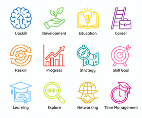 Colorful Skill Development and Career Icons: Vibrant gradient line icons representing skills, learning, and career growth. Great for e-learning, business training, and infographics.