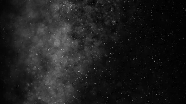 High contrast monochrome footage of real dust specks and bokeh particles. Natural chaotic movement in the air against a dark background. Cinematic atmospheric overlay for compositing.
