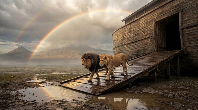 Lion and lioness walking out of Noah's Ark onto land under a rainbow after the Great Flood