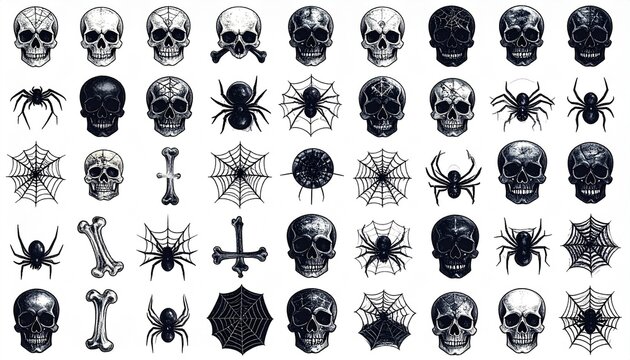 Pixelated Skulls and Spiders Pattern Against White Background in Gothic Halloween Theme