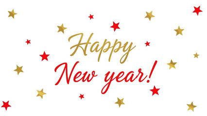 Festive Happy New Year 2026 celebration banner with elegant typography and decorative gold and red stars on an isolated white background