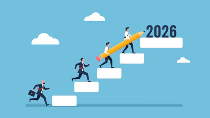 Business team working together on a development strategy and climbing stairs towards the future goal of 2026