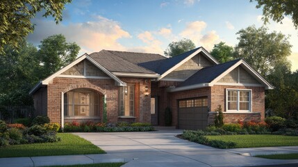 Stylish 3D House Rendering: Modern Exterior Design with Front Yard and Garage Features