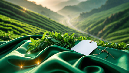 Fototapeta premium Green Leaves and Blank Tag on Fabric with Scenic Tea Hills at Sunrise
